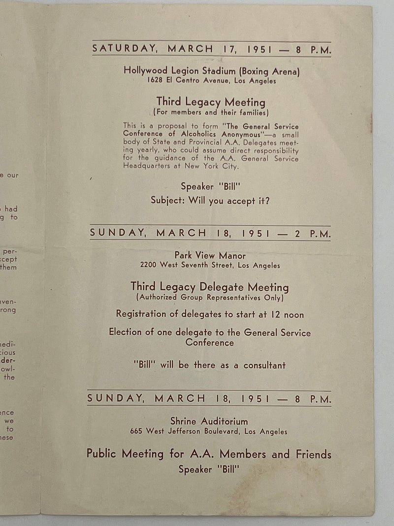 Program for the AA General Meetings - Southern California 1951 - with “Bill” Recovery Collectibles
