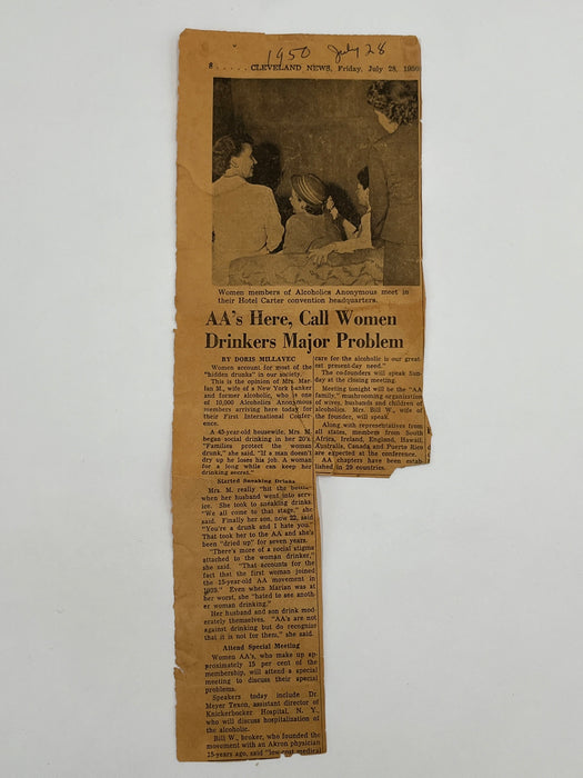 Cleveland News Article from July 28, 1950 - “Women Drinkers Major Problem” Recovery Collectibles