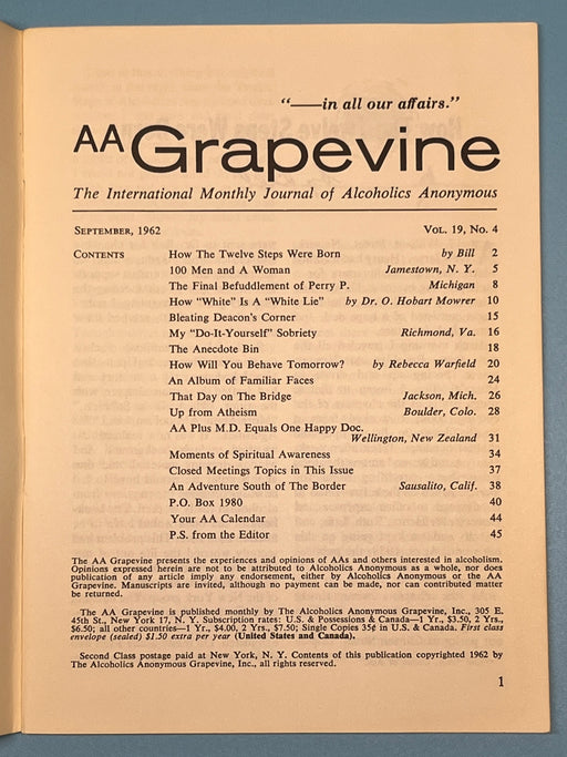 AA Grapevine - September 1962 - How The 12 Steps Were Born by Bill Recovery Collectibles