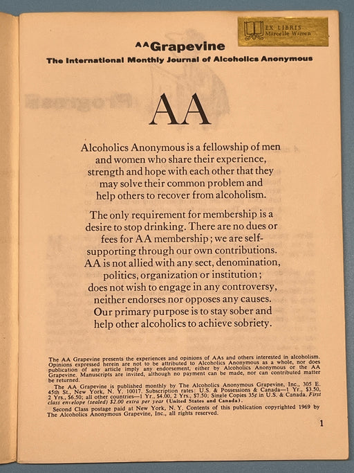 AA Grapevine from October 1969 - First World Service Meeting by Bill Recovery Collectibles
