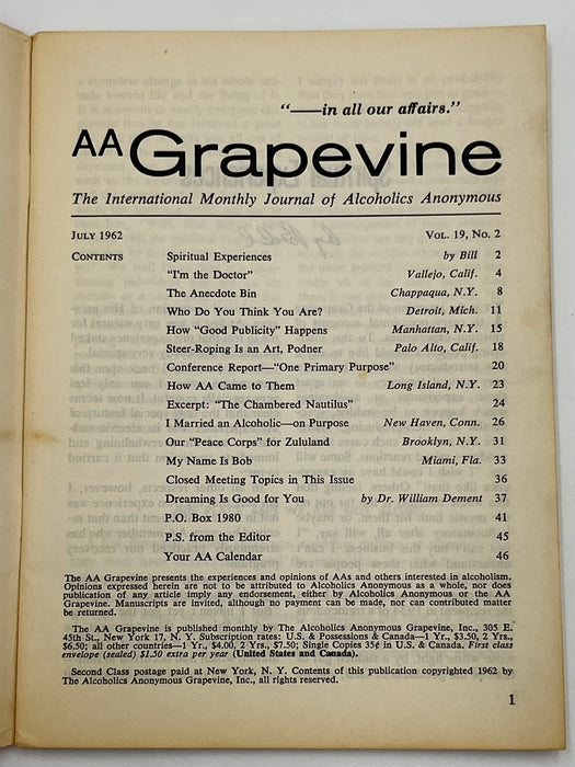AA Grapevine from July 1962 - Spiritual Experiences by Bill Mark McConnell