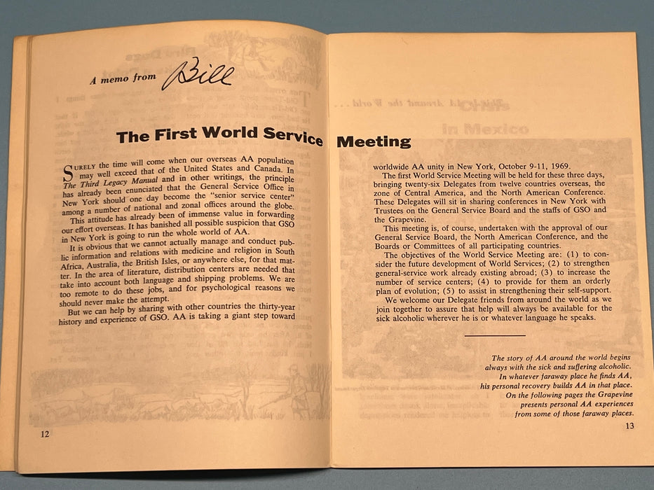 AA Grapevine from October 1969 - First World Service Meeting by Bill Recovery Collectibles