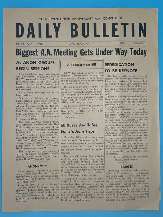 Daily Bulletin - 25th AA International in Long Beach, CA - Friday, July 1, 1960 Recovery Collectibles