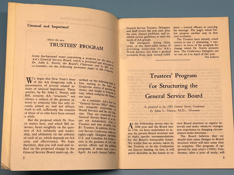 AA Grapevine - January 1966 - Trustees Program Recovery Collectibles