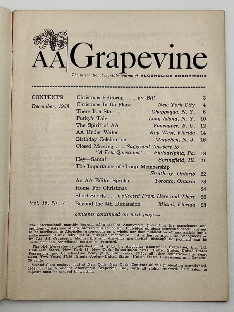 AA Grapevine from December 1958 - Christmas Editorial by Bill Mark McConnell