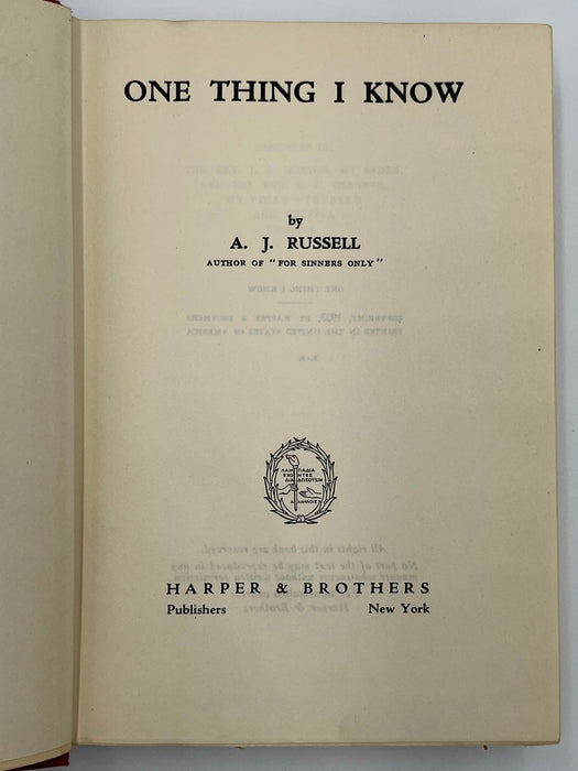 One Thing I Know by A.J. Russell - Harper & Brothers Recovery Collectibles