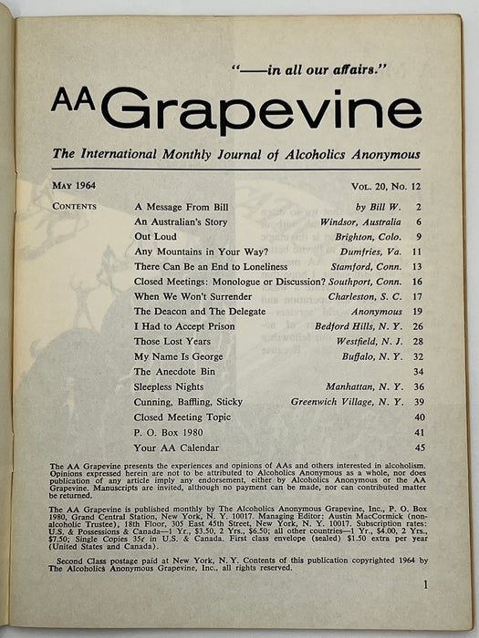 AA Grapevine from May 1964 - A Message From Bill Mark McConnell
