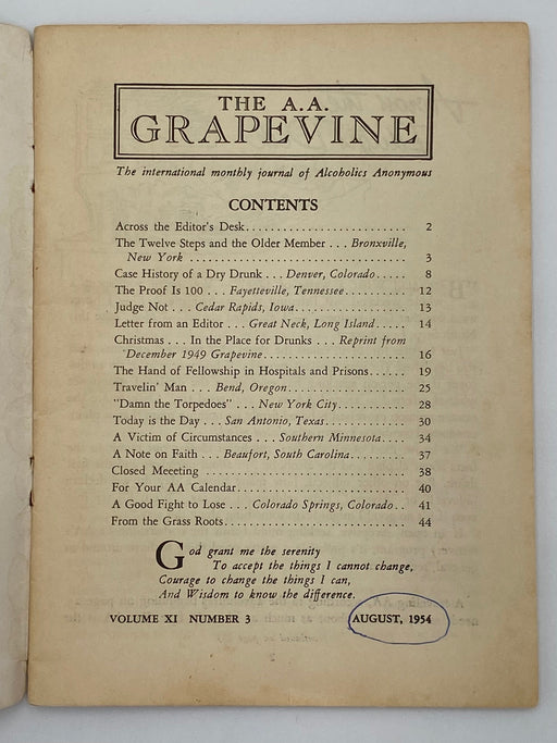 AA Grapevine - August 1954 - Hospitals and Prisons Recovery Collectibles