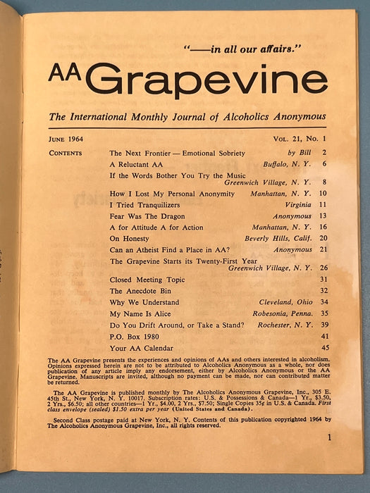 AA Grapevine from June 1964 - 20th Anniversary Issue Recovery Collectibles