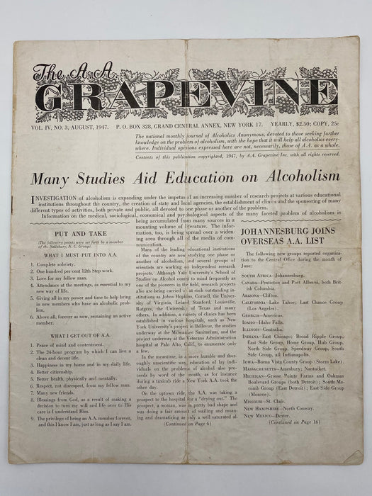 The A.A. GRAPEVINE August 1947 Recovery Collectibles