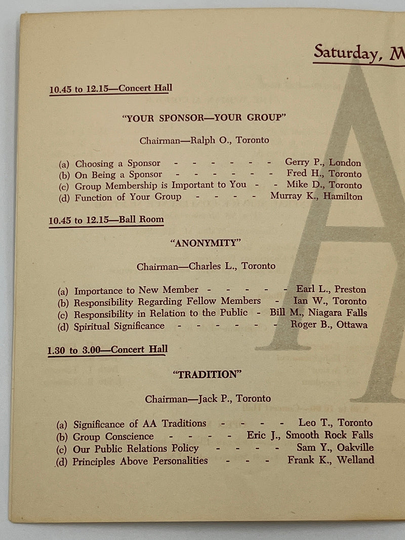 Program for the first Ontario Regional Conference of AA - 1953 Recovery Collectibles