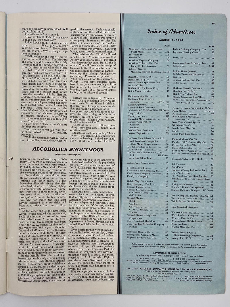 Saturday Evening Post - March 1, 1941 - Alcoholics Anonymous Recovery Collectibles