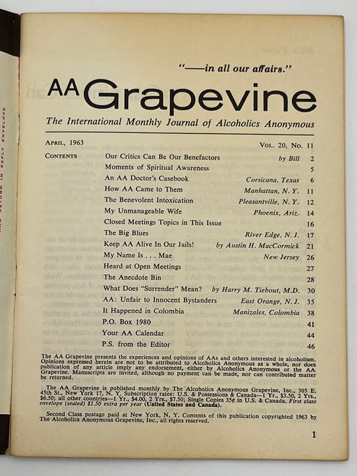 AA Grapevine from April 1963 - Our Critics Can Be Our Benefactors by Bill Mark McConnell