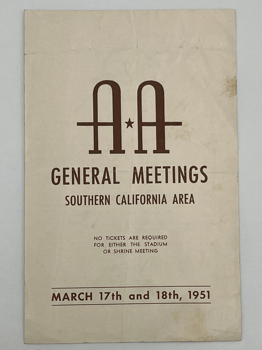 Program for the AA General Meetings - Southern California 1951 - with “Bill” Recovery Collectibles