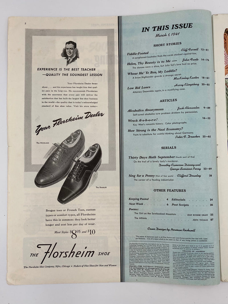 Saturday Evening Post - March 1, 1941 - Alcoholics Anonymous Recovery Collectibles