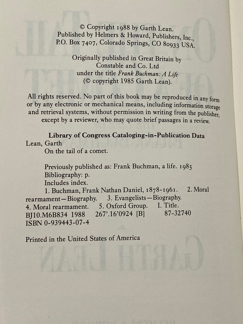 On The Tail Of A Comet: The Life of Frank Buchman - by Garth Lean Recovery Collectibles