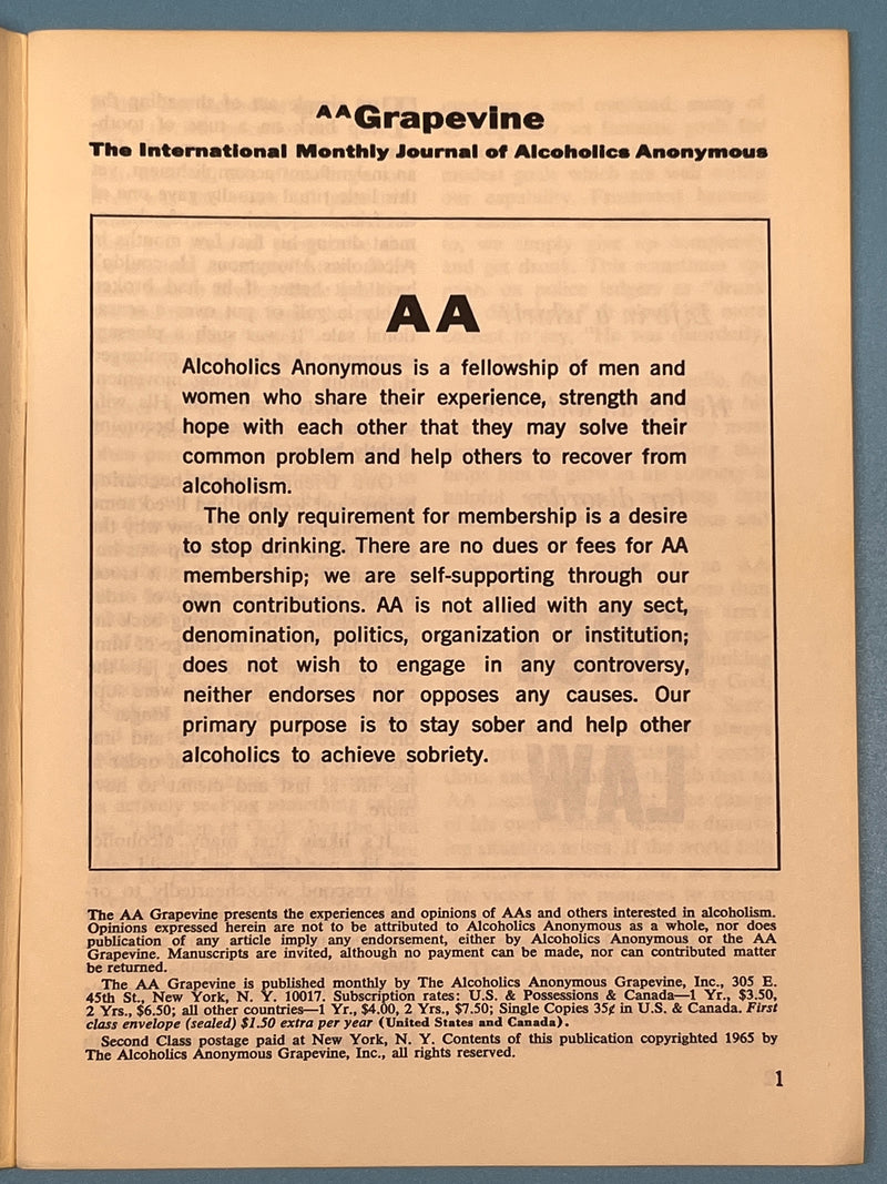 AA Grapevine - August 1965 - The Saga of William Recovery Collectibles