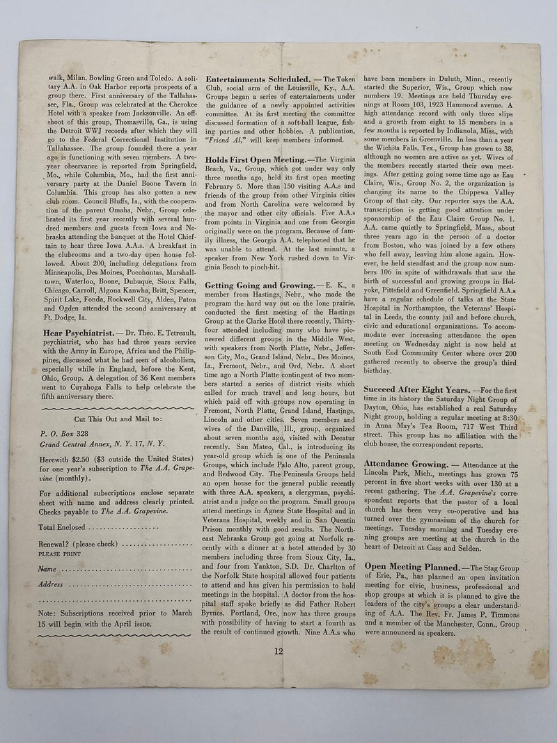 The A.A. GRAPEVINE March 1947 Recovery Collectibles