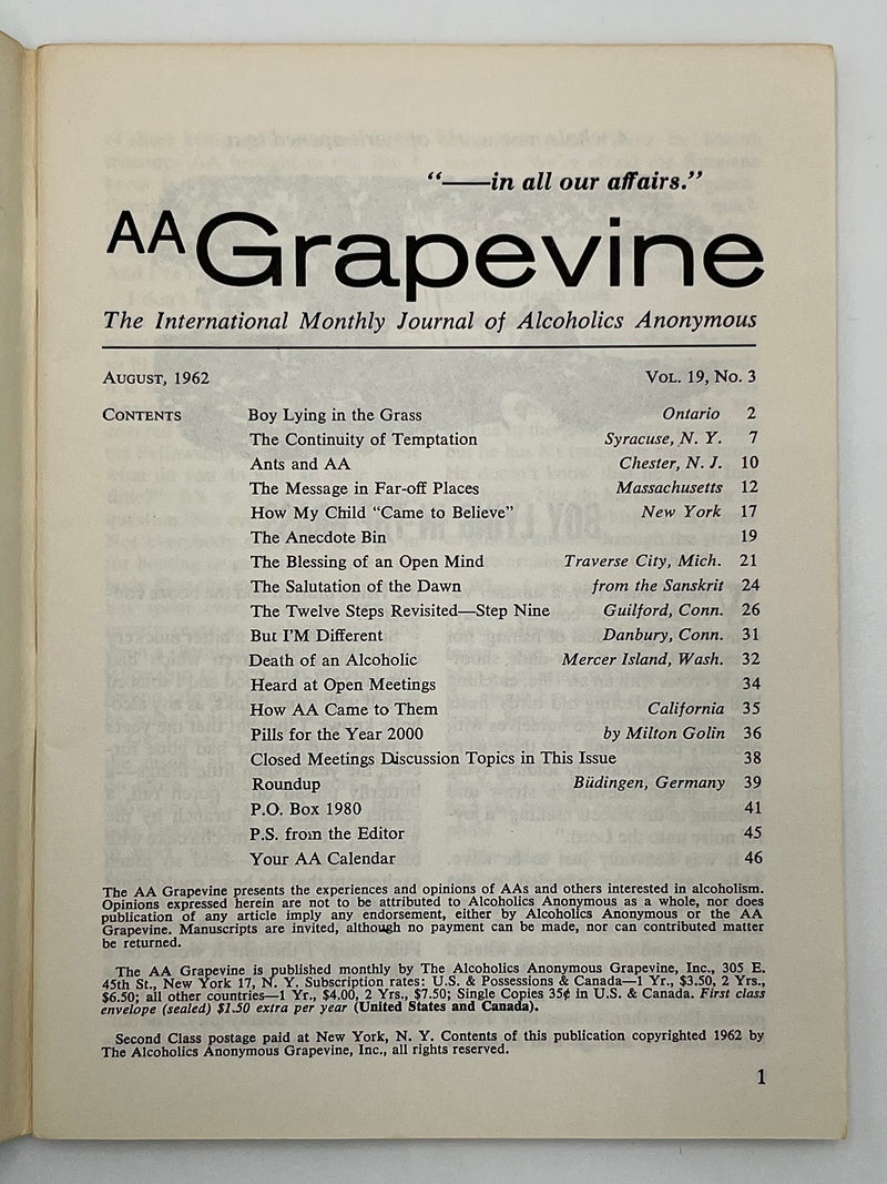 AA Grapevine - August 1962 - Temptation Recovery Collectibles