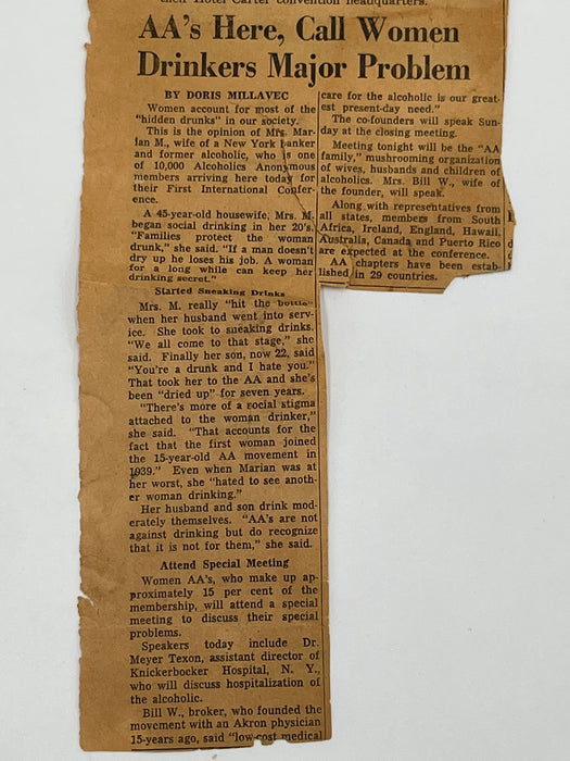 Cleveland News Article from July 28, 1950 - “Women Drinkers Major Problem” Recovery Collectibles
